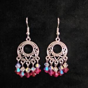 Antique silver filigree go-go and cranberry glass crystal chandelier earrings